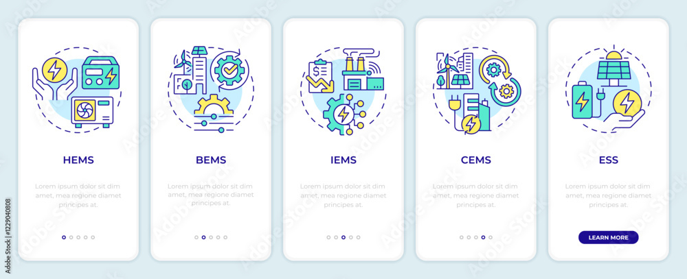 Poster ems applications onboarding mobile app screen. walkthrough 5 steps editable graphic instructions wit