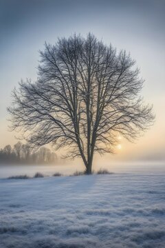 Bare tree covered in frost, isolated against a foggy, white winter landscape, AI generated