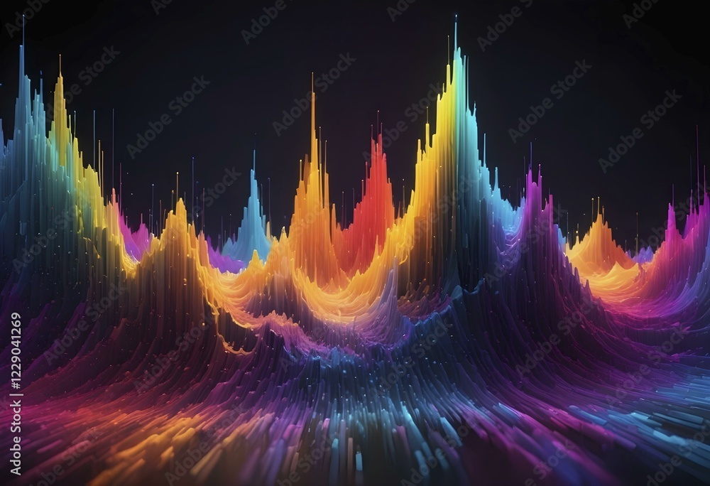 Poster an abstract digital art featuring colorful waveforms forming peaks and valleys in a dynamic composit