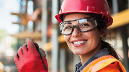 A detailed view of a female construction worker in a red hard hat and safety gloves, taking a break and smiling at the camera, Construction site scene