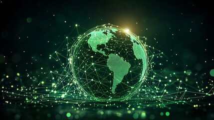 Obraz premium Glowing green digital globe with intricate network lines, futuristic design on a dark backdrop, showcasing advanced global communication.
