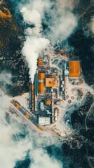 Aerial View of Industrial Complex Emitting Smoke.