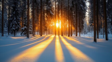 A breathtaking winter forest illuminated by golden sunlight at sunrise, with tall trees casting long shadows on the pristine snow, creating a serene and magical atmosphere