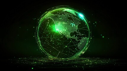 Glowing green digital globe with intricate network lines, futuristic design on a dark backdrop, showcasing advanced global communication.