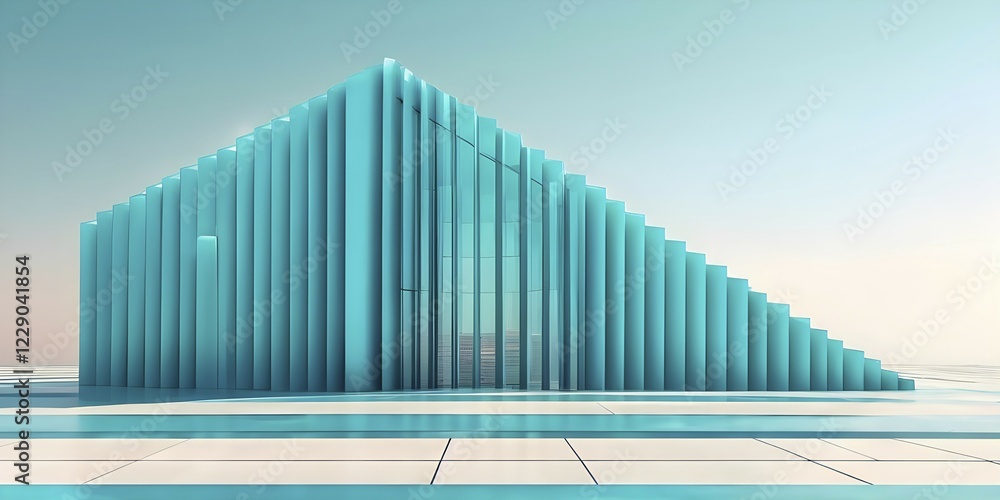 Poster cyan toned minimalist architecture in 3d render against surreal backdrop, ai generated