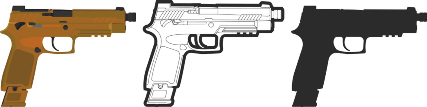Set of icons of the new standard army pistol SIG Sauer M17 semi-automatic, vector, black line in thick outline and silhouette.