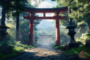 Majestic red Torii gate at the entrance of a tranquil Japanese shrine