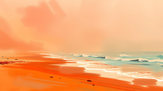 Serene beach sunset, vibrant orange sky, calm ocean waves, minimalist coastal landscape, pastel colors, soft brush strokes, impressionist style painting, tranquil shoreline, warm tones, peaceful seasc