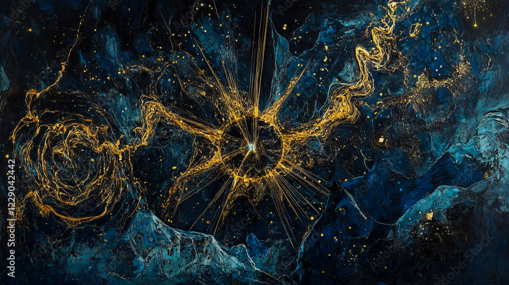 Poster abstract representation of time as intertwining, golden threads suspended in infinite darkness