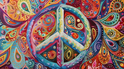 A colorful peace sign surrounded by abstract, swirling patterns.