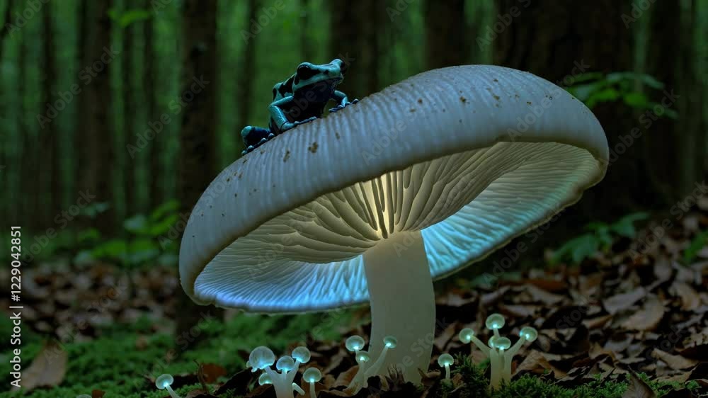 Aufkleber a vibrant poison dart frog sitting on a luminescent mushroom, with glowing spores floating around it