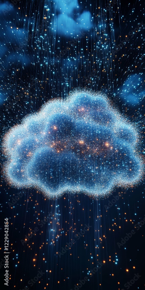 Poster futuristic digital cloud with glowing data streams in a virtual cyberspace environment