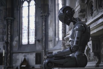 A humanoid sits in a church, signalling devotion and spirituality with its posture, vision of the future, science fiction, AI generated, AI generated, AI generated