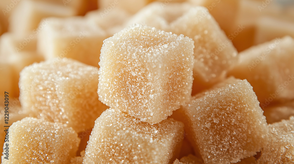 Poster sugar cubes stacked together on a flat surface creating an appealing sweet background for culinary e