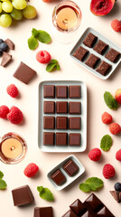 A beautifully arranged flat lay of assorted chocolates surrounded by fresh fruits, mint leaves, and candles, creating an inviting dessert display.