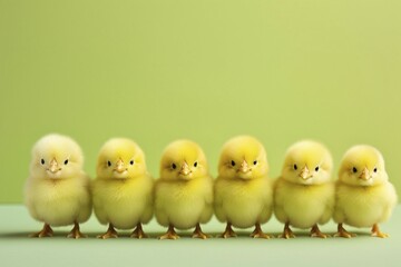 Naklejka premium Cute chicks in a row on green background. KI generiert, generiert AI generated