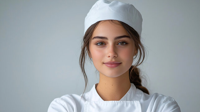Young chef wearing a white uniform and hat poses confidently with a warm smile in a contemporary kitchen setting. Generative AI