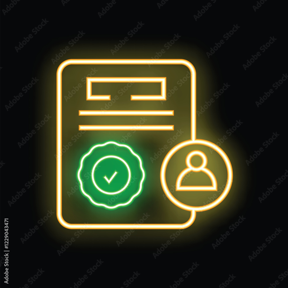 Poster glowing neon icon representing identity verification with a document, check mark, and user profile