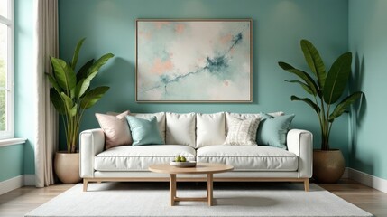 Serene Living Room Design with Light Sofa and Teal Walls, Accented by Lush Greenery and Abstract Artwork