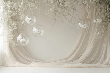 A pure white backdrop with flowing fabric draped with delicate white flowers and glass spheres suspended from a string