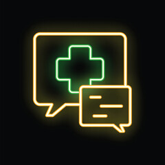 Fototapeta premium Neon green medical cross inside a speech bubble representing online medical support and healthcare