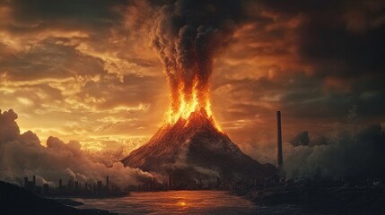 Fototapeta premium A stunning view of an erupting volcano with flowing lava and dark smoke against a dramatic sky. This captivating image showcases the power of nature.