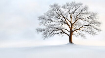 Fototapeta premium A solitary bare tree standing on a snowy field under soft daylight, symbolizing simplicity, resilience, and peace