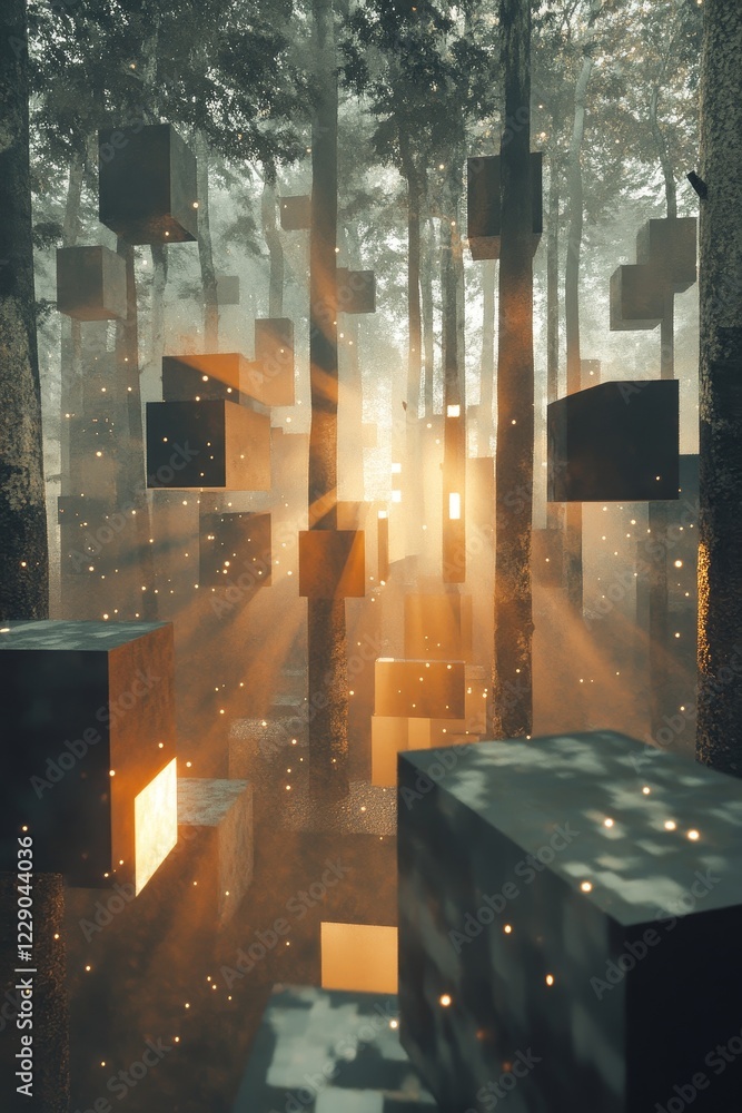 Poster surreal visualization of a forest filled with floating cubes illuminated by soft light rays. the dre