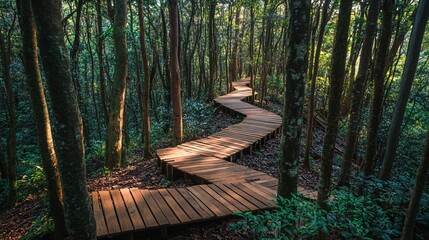 Obraz premium Winding Wooden Path Through Lush Green Forest in Natural Setting
