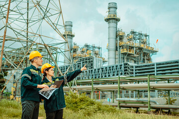 Engineers collaborating at a power plant site to discuss project details and future developments