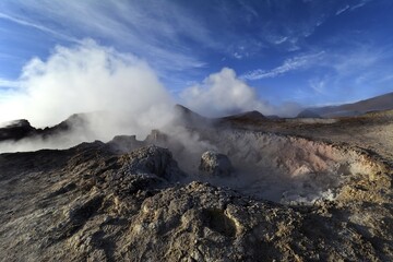 Hot springs with mud pools and steam, geyser field, Sol de Mañana, Altiplano, Bolivia, South America