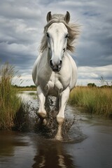 Obraz premium White horse running in the water, AI generated
