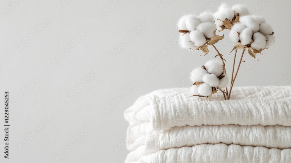 Poster a stack of white linens with a delicate cotton branch, set against a minimalist backdrop, creating a