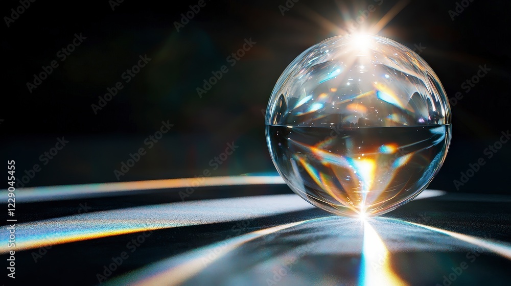 Poster crystal sphere refracting light creating colorful patterns indoors