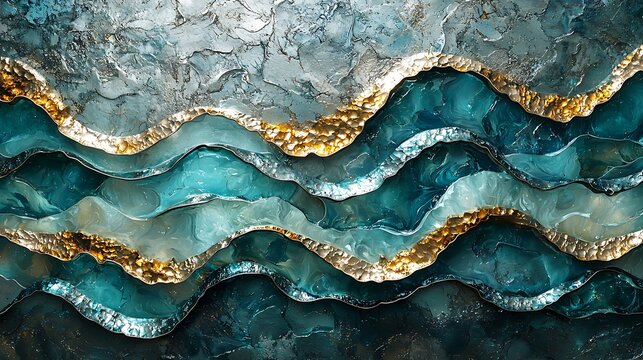 Abstract nature inspired wave pattern in shades of teal and silver evoking the motion of water