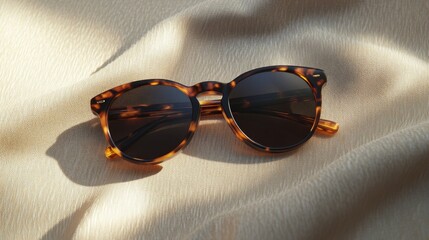 Close up of luxurious tortoiseshell wayfarer sunglasses on beige fabric with soft illumination