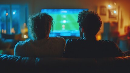 Couple watching TV at night, illuminated by screen glow.