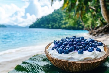 Fresh Blueberries on Coconut Bowl at Tropical Beach Paradise