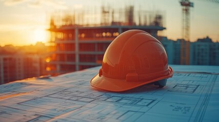 Hard hat on blueprints at sunset construction site.