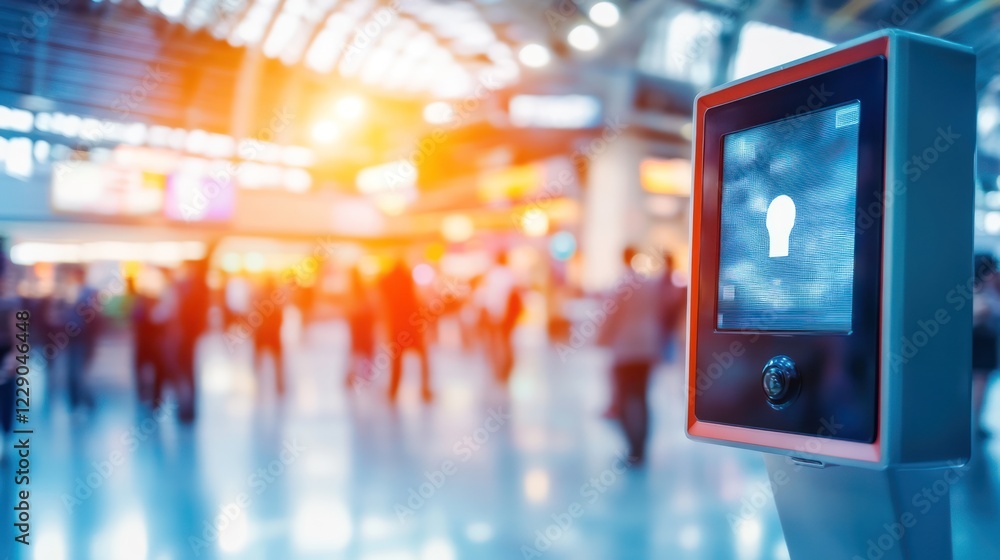 Poster digital lock interface displayed in a busy airport terminal