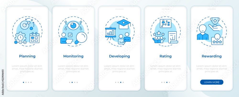 Poster performance management system blue onboarding mobile app screen. walkthrough 5 steps editable graphi
