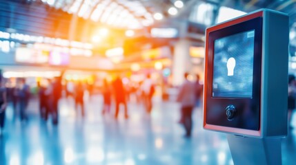 Digital lock interface displayed in a busy airport terminal