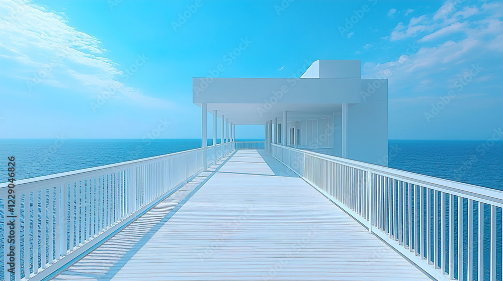 Poster view of a serene walkway extending over the clear blue ocean under a bright sky with light clouds. g