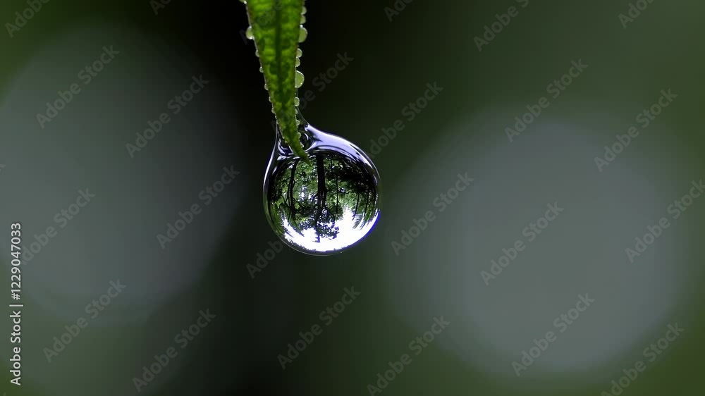 Poster a glowing rain droplet falling from a vine in slow motion, reflecting the entire rainforest upside-d