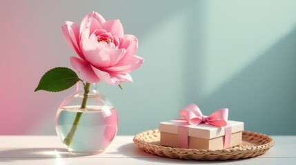 Naklejka premium A Delicate Pink Rose in a Glass Vase Beside a Gift Box on a Woven Tray
