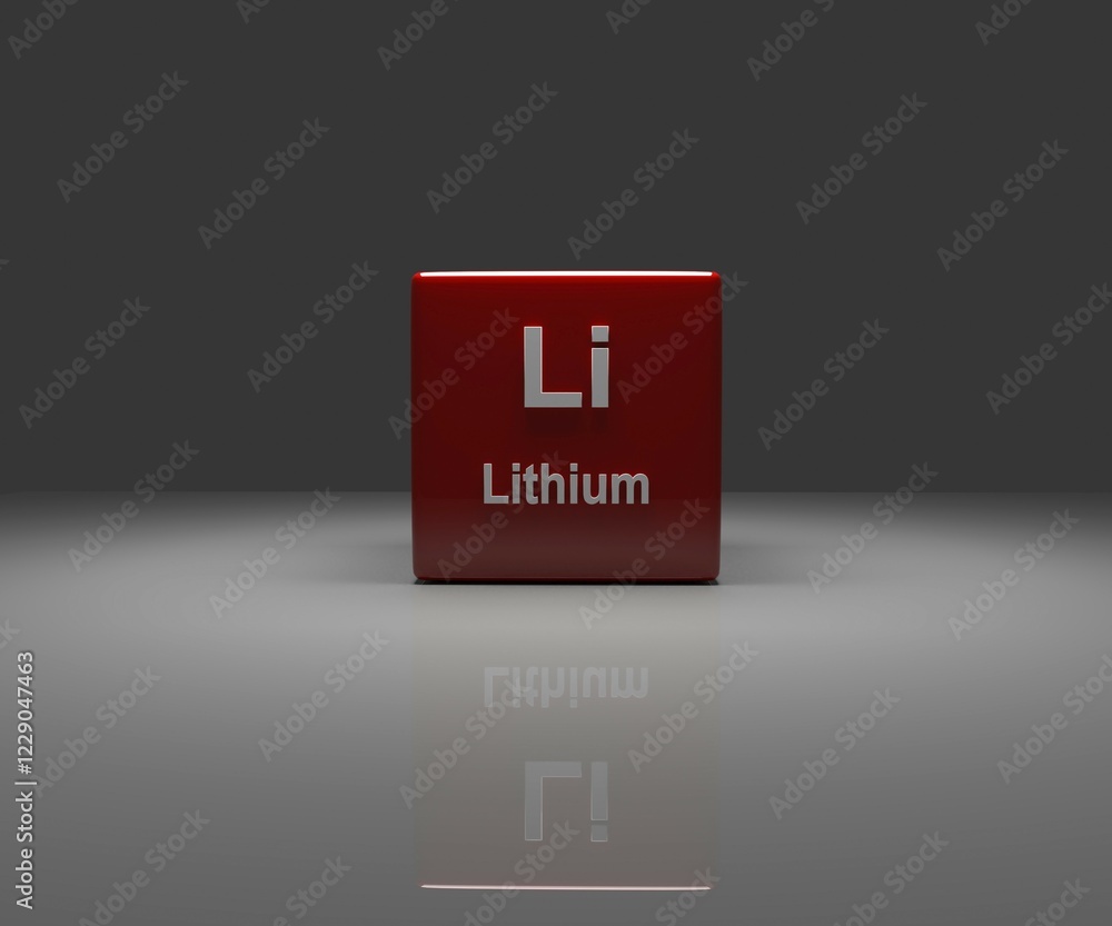 Aufkleber red cube with li lithium periodic system, 3d rendering