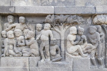 Stone relief, Buddhist temple complex Borobudur, Yogyakarta, Java, Indonesia, Asia