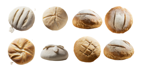 Collection of artisanal bread dough and freshly baked loaves in various shapes and scoring patterns, perfect for bakery and food photography, isolated on a transparent background.