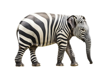 Obraz premium Unique striped elephant walking gracefully in a minimalistic environment, showcasing a blend of patterns and colors while maintaining the majestic presence of the species