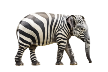 Unique striped elephant walking gracefully in a minimalistic environment, showcasing a blend of patterns and colors while maintaining the majestic presence of the species
